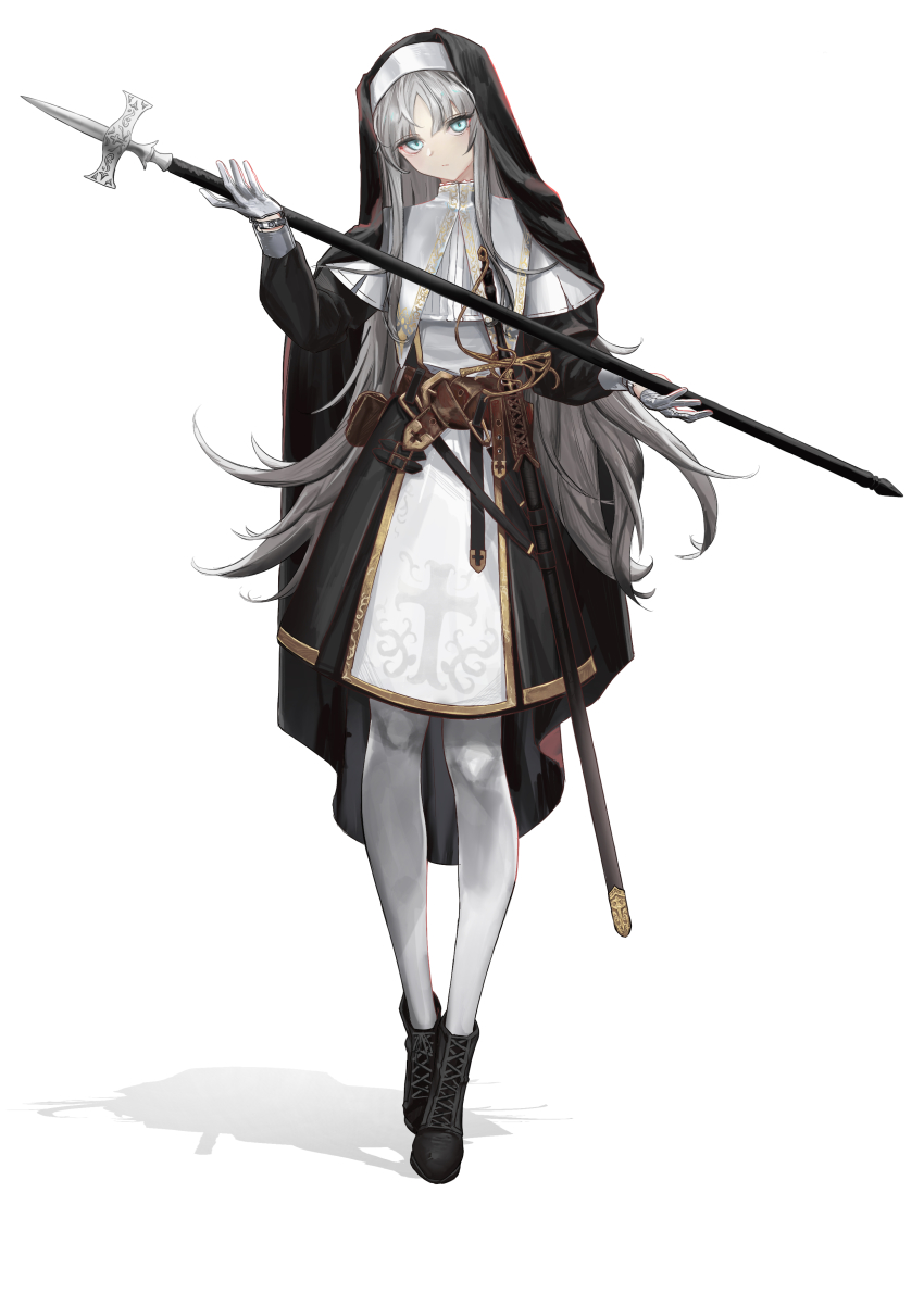1girl absurdres aqua_eyes black_boots boots cross cross_print expressionless full_body gloves grey_hair habit head_tilt highres holding holding_polearm holding_weapon long_hair long_sleeves looking_at_viewer nun original pantyhose polearm sawatani_(_swt2) shadow sidelocks simple_background solo standing tachi-e weapon white_background white_gloves white_pantyhose