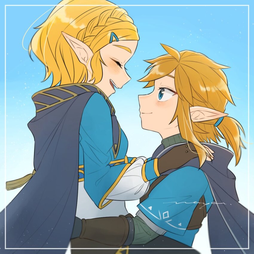 1boy 1girl blonde_hair blue_background blue_cape blue_eyes blue_tunic bob_cut braid brown_gloves cape champion&#039;s_tunic_(zelda) closed_eyes closed_mouth commentary_request crown_braid facing_another fingerless_gloves from_side gloves hair_tie hands_on_another&#039;s_shoulders highres link looking_at_another maya_(mayamayammy) mixed-language_commentary nintendo open_mouth pointy_ears ponytail princess_zelda profile short_hair short_ponytail sidelocks signature smile the_legend_of_zelda the_legend_of_zelda:_tears_of_the_kingdom tunic