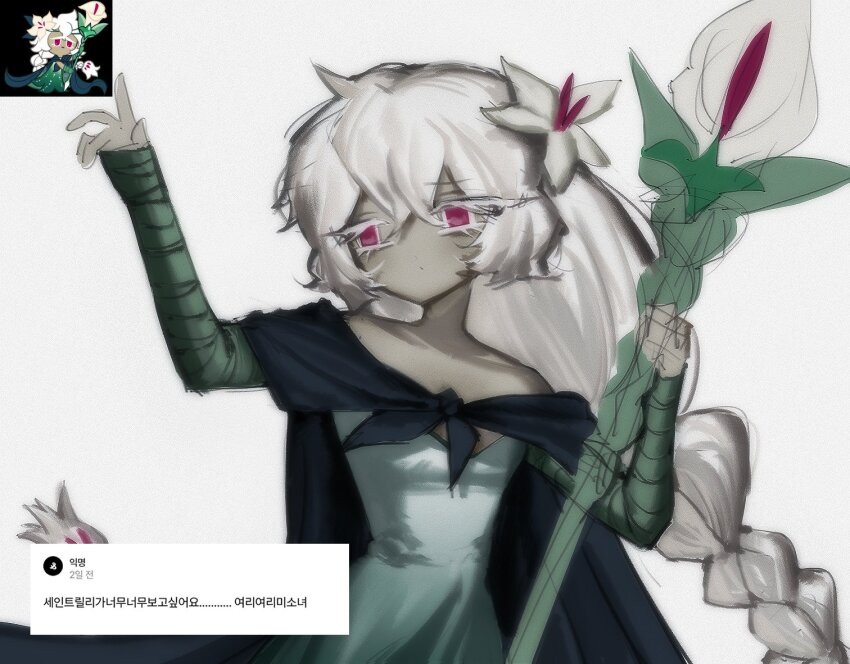 1girl braid cape closed_mouth cookie_run cookie_run:_kingdom d0nxys dress flower gloves green_dress hair_flower hair_ornament holding humanization long_hair looking_at_viewer red_eyes simple_background solo very_long_hair white_background white_flower white_hair white_lily white_lily_cookie