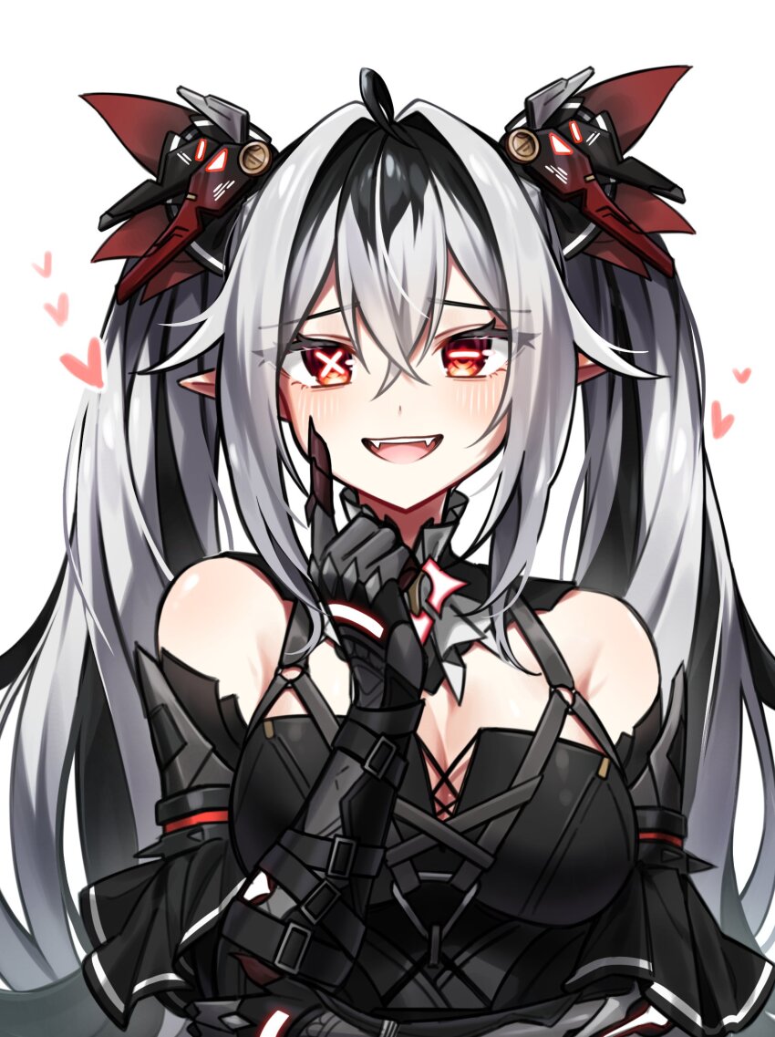 1girl ahoge black_dress breasts cleavage crossed_bangs detached_collar dress fangs grey_hair hair_between_eyes hair_intakes headgear highres jetavie_(pgr) long_hair mismatched_pupils myam_(123ab456c) open_mouth pointy_ears punishing:_gray_raven red_eyes slit_pupils solo symbol-shaped_pupils twintails x-shaped_pupils