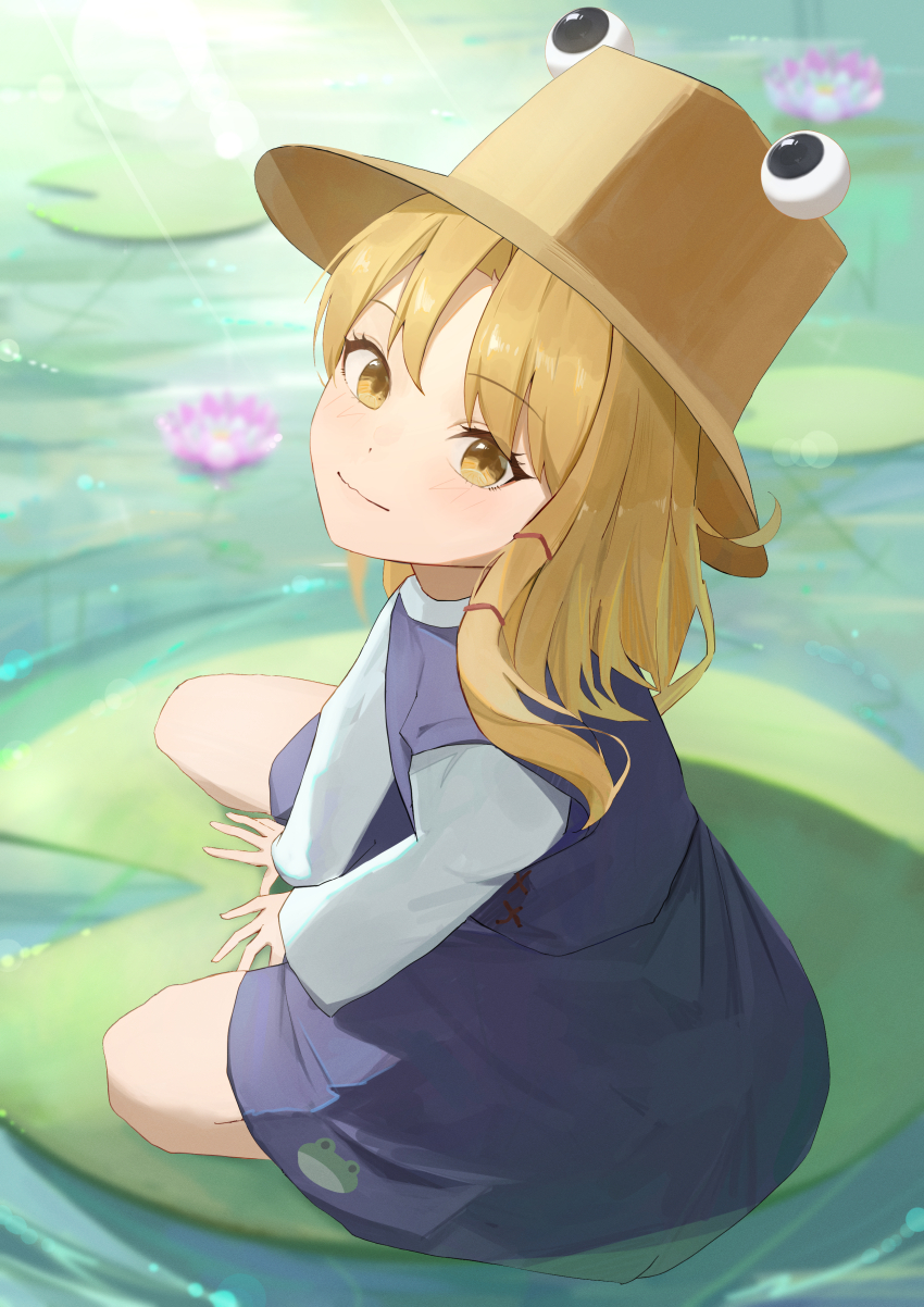 1girl absurdres animal_print blonde_hair closed_mouth commentary_request frog_print from_above full_body hat highres lily_pad long_hair long_sleeves looking_at_viewer moriya_suwako palulap purple_skirt purple_vest seiza shirt sitting skirt smile solo touhou vest water white_shirt yellow_eyes