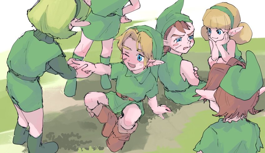 1other 2girls 3boys arm_support belt blonde_hair blue_eyes blush_stickers boots brown_belt brown_footwear brown_hair child closed_mouth commentary_request fado_(ocarina_of_time) green_belt green_eyes green_footwear green_hair green_hat green_sweater green_tunic hands_on_own_hips hat head_rest highres injury kokiri link long_hair looking_at_another multiple_boys multiple_girls nintendo on_ground one_eye_closed open_mouth pointy_ears pulling saria_(zelda) short_hair sitting smile sweater the_legend_of_zelda the_legend_of_zelda:_ocarina_of_time tunic yamori_(yamoooon21) young_link