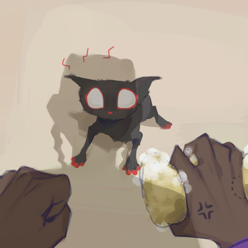 1boy absurdres after_bathing anger_vein animal animal_focus animalization bite_mark black_cat cat clenched_hands dark-skinned_male dark_skin dreadlocks highres holding holding_sponge marvel meows_morales miles_g._morales notice_lines purple_sleeves shadow spider-man:_across_the_spider-verse spider-man:_into_the_spider-verse spider-man_(series) spider-verse sponge user_epcg5252 wet