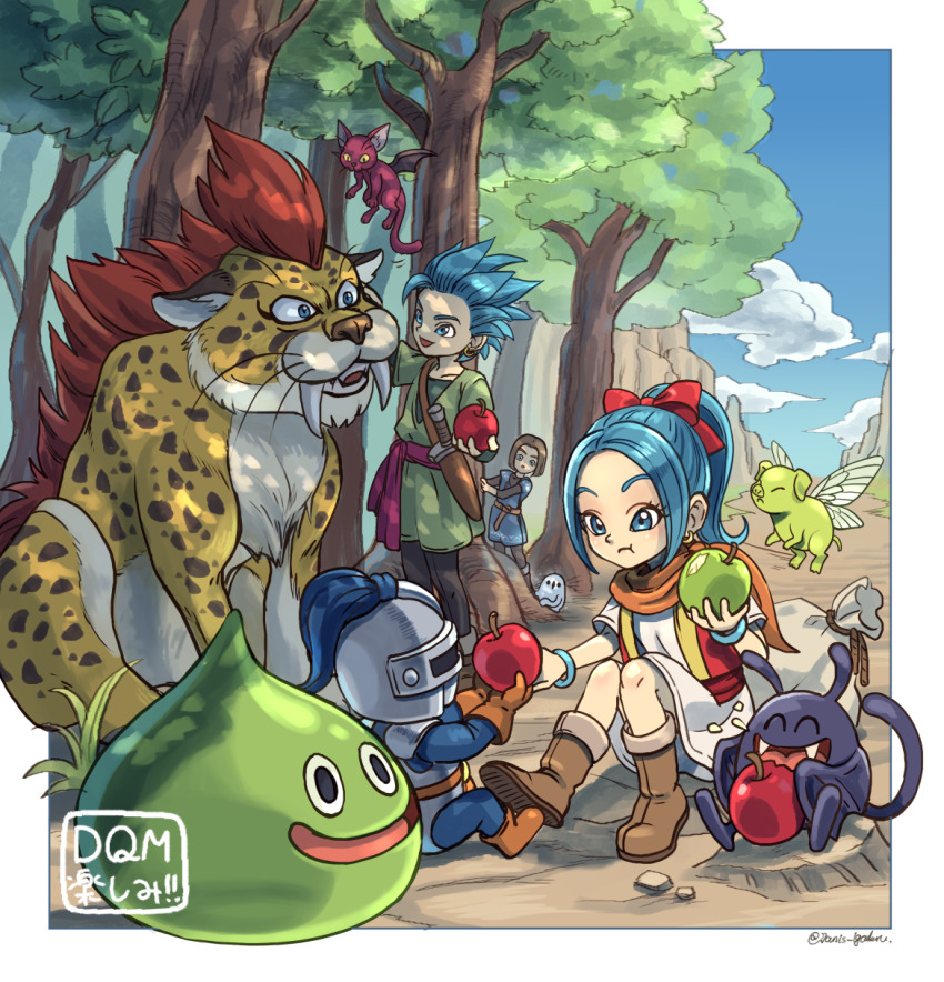 1girl 2girls 3boys 5others :d aged_down apple aqua_eyes bag bat_wings black_pants blue_eyes blue_hair blue_sky blue_tunic boots border bow bracelet brother_and_sister brown_boots brown_hair camus_(dq11) cat chewing child cloud commentary_request dracky dragon_quest dragon_quest_treasures dragon_quest_xi earrings eating fangs food fruit gold_earrings great_sabrecat green_shirt green_tunic hair_bow hero_(dq11) highres holding holding_food holding_fruit hoop_earrings insect_wings janis_(hainegom) jewelry knife knife_sheath looking_at_another maya_(dq11) meowsha_(dqt) multiple_boys multiple_girls multiple_others on_ground open_mouth orange_scarf outdoors pants parted_bangs parted_hair peeking_out pig pink_fur ponytail red_bow red_fur red_sash red_vest rock sash scarf sharp_teeth sheath sheathed shirt short_hair siblings single_bang sitting sky slime_(dragon_quest) slime_knight smile spiked_hair spotted_fur teeth tockle_(dq11) tonbuu_(dqt) tree tunic twitter_username vest white_border white_fur white_tunic wings yellow_fur yellow_trim