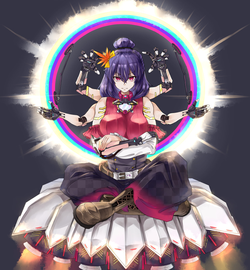 1girl absurdres belt blue_skirt boots breasts brown_boots closed_mouth cyberpunk cyborg extra_arms floating hair_ornament hakurei_fling halo highres joints large_breasts long_skirt looking_at_viewer mechanical_arms medium_hair mirror non-web_source prosthesis prosthetic_arm purple_hair red_eyes red_shirt robot_joints rocket shirt short_hair skirt sleeveless solo touhou yasaka_kanako
