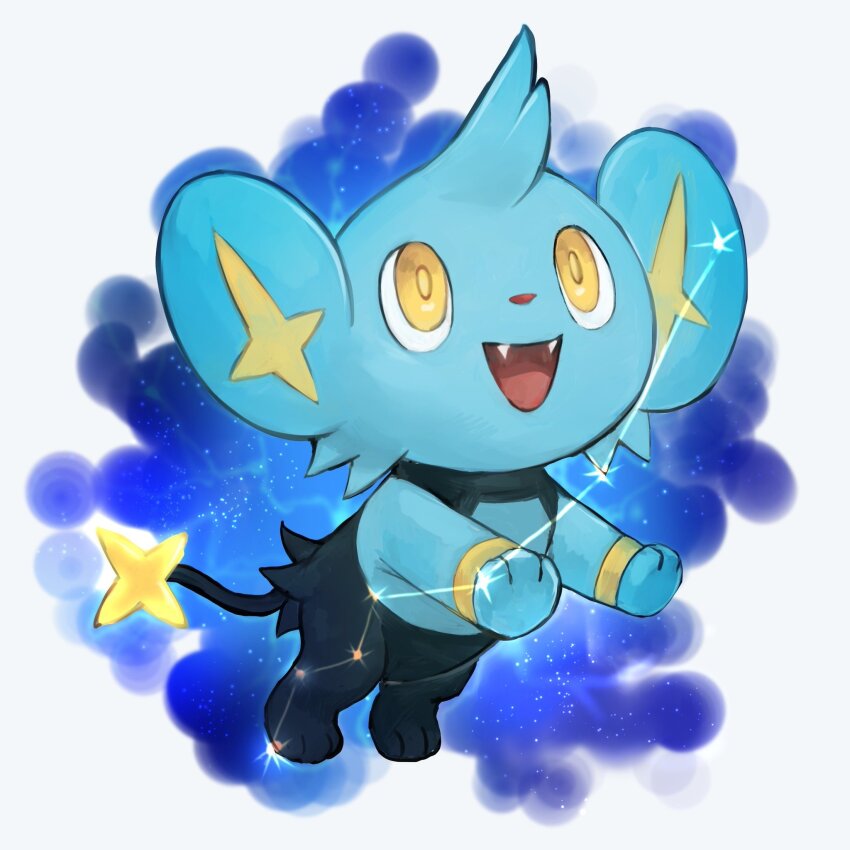 animal_focus artist_name blue_background commentary_request constellation day_walker1117 english_text fangs gen_4_pokemon happy highres jumping looking_up lynx_(constellation) nintendo no_humans open_mouth pokemon pokemon_(creature) revision shinx signature smile solo space star_(sky) twitter_username yellow_eyes