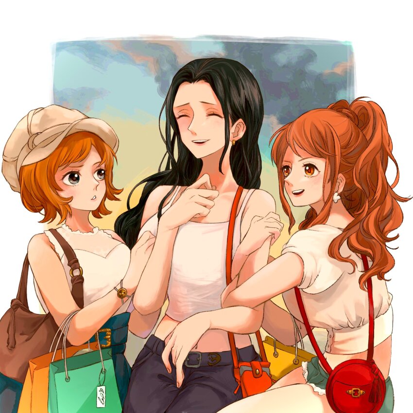 3girls ^_^ bag black_hair bob_cut closed_eyes earrings hat highres jewelry koala_(one_piece) locked_arms long_hair multiple_girls nami_(one_piece) nico_robin one_piece orange_hair pearl_earrings ponytail satchel shirt shopping_bag sidelocks sinoda_maru7326 sunset upper_body white_shirt