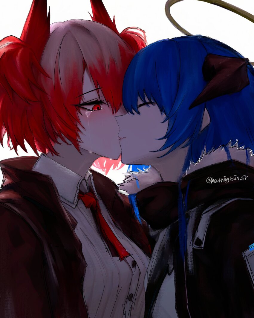 2girls absurdres arknights black_jacket blue_hair closed_eyes closed_mouth collared_shirt commentary fiammetta_(arknights) halo highres horns jacket kiss long_hair mostima_(arknights) mourningrain_sr multiple_girls neck_ribbon pink_hair red_eyes red_ribbon ribbon shirt simple_background tears twitter_username two_side_up upper_body white_background white_shirt yuri