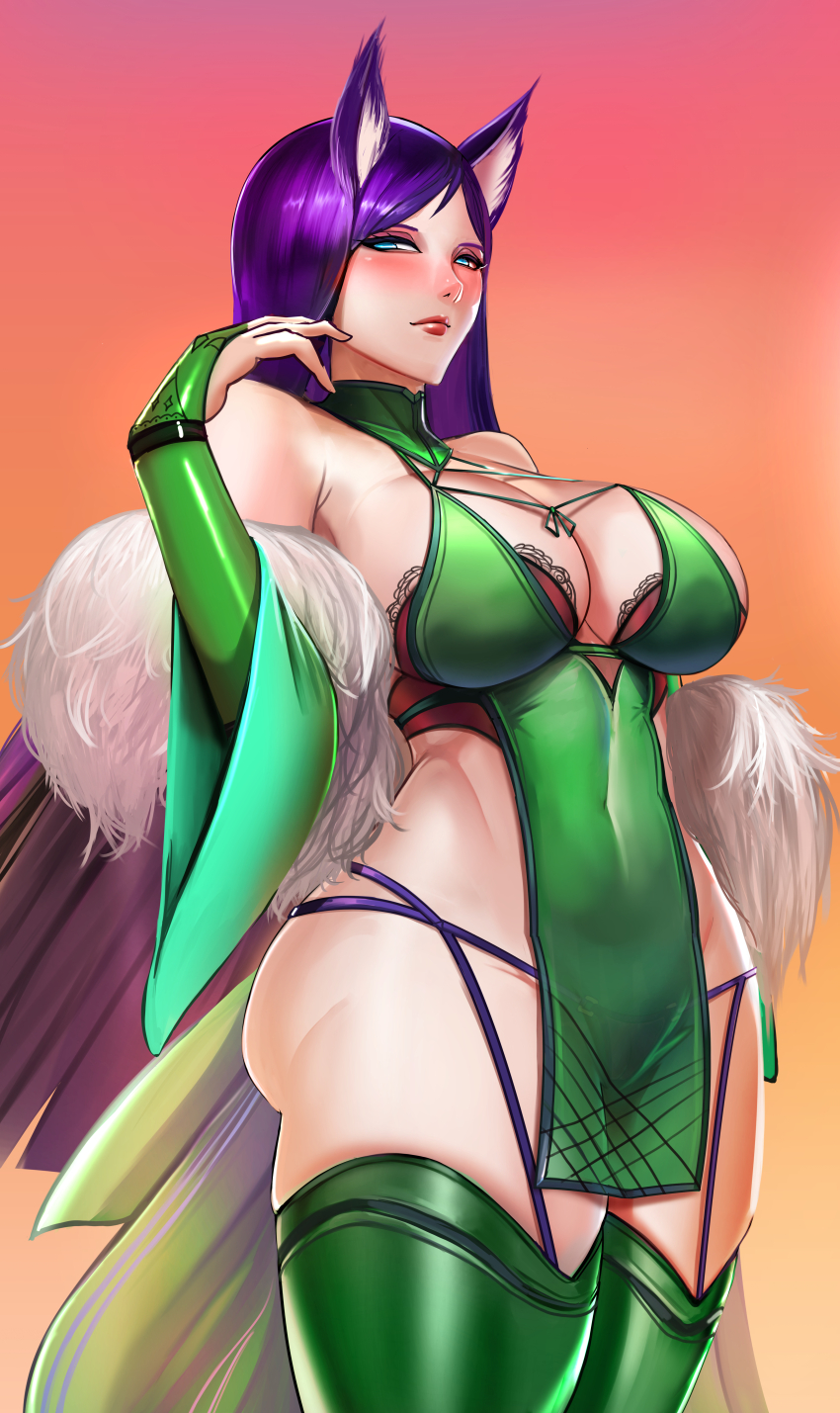 1girl absurdres animal_ears ass badcompzero blue_eyes breasts bridal_gauntlets collarbone commentary commission covered_navel english_commentary fox_ears frown garter_straps green_thighhighs groin highres kodaka_lu&#039;an_(stargizar) large_breasts long_hair no_panties original pelvic_curtain purple_hair red_lips revealing_clothes second-party_source skindentation solo thighhighs very_long_hair