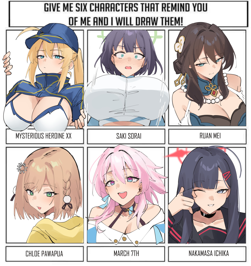 6+girls :d absurdres ahoge aqua_eyes artoria_pendragon_(fate) bare_shoulders baseball_cap bead_necklace beads bikini black_choker black_hair blonde_hair blue_archive blue_eyes blue_hat braid breasts brown_hair chloe_pawapua choker cleavage constricted_pupils fate/grand_order fate_(series) hair_ornament hairclip hat highres honkai:_star_rail honkai_(series) huge_breasts ichika_(blue_archive) jewelry large_breasts long_hair march_7th_(honkai:_star_rail) multicolored_eyes multiple_girls mysterious_heroine_xx_(fate) necklace off-shoulder_shirt off_shoulder one_eye_closed open_mouth pinepin pink_hair ponytail purple_eyes re:memories ruan_mei_(honkai:_star_rail) saki_(blue_archive) shirt short_hair shrug_(clothing) sidelocks smile swimsuit two-tone_eyes white_bikini