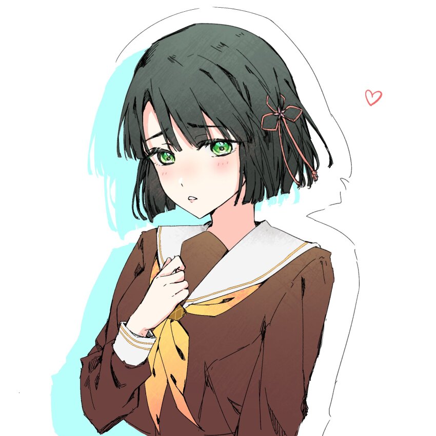 1girl black_hair blunt_bangs blunt_ends blush bob_cut breasts brown_dress clenched_hand commentary_request dress drop_shadow flower flower_knot hair_flower hair_ornament hasu_no_sora_school_uniform heart highres link!_like!_love_live! long_sleeves looking_at_viewer love_live! medium_breasts mizuno_(shuishui) momose_ginko neckerchief parted_lips pink_flower raised_inner_eyebrows sailor_collar sailor_dress school_uniform short_hair simple_background solo upper_body virtual_youtuber white_background white_sailor_collar winter_uniform yellow_neckerchief