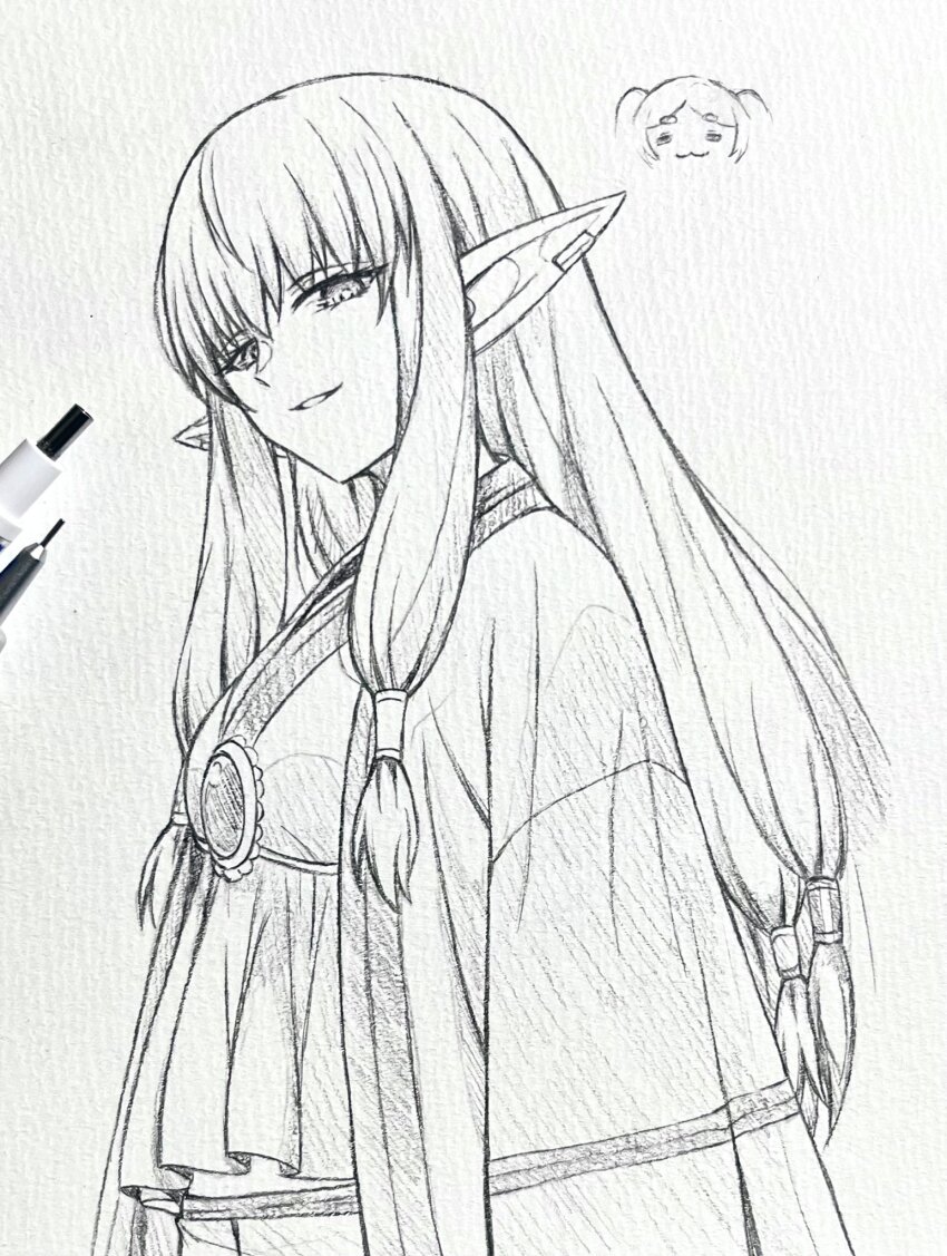 2girls :3 =_= art_tools_in_frame elf frieren graphite_(medium) greyscale hair_tubes highres long_hair looking_at_viewer low-tied_long_hair monochrome multiple_girls photo_(medium) pointy_ears robe seishun_dendeke serie_(sousou_no_frieren) smile sousou_no_frieren standing traditional_media