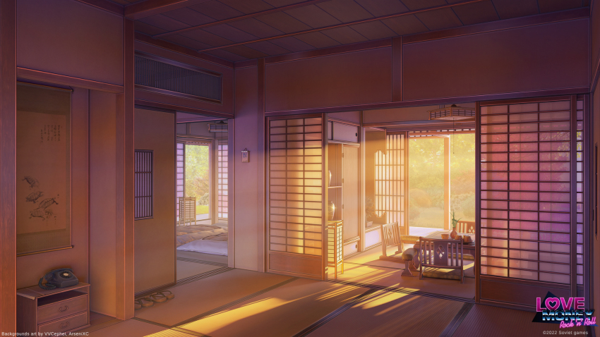 3d architecture arsenixc bed calendar_(object) copyright_notice east_asian_architecture futon highres house jar lamp no_humans original phone sandals scenery shelf sunlight sunset table wooden_chair wooden_door wooden_table