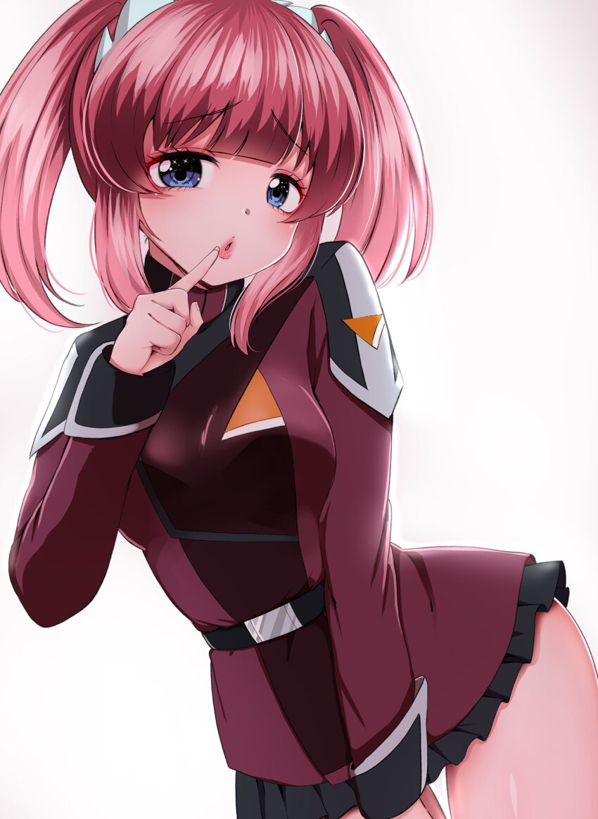 1girl agnes_giebenrath belt black_belt black_jacket black_skirt blue_eyes blush commentary_request emumiya_niyamu eyeshadow finger_to_mouth gundam gundam_seed gundam_seed_freedom head_tilt highres jacket looking_at_viewer makeup miniskirt parted_lips pink_eyeshadow puckered_lips raised_inner_eyebrows red_hair simple_background skirt solo thick_lips white_background