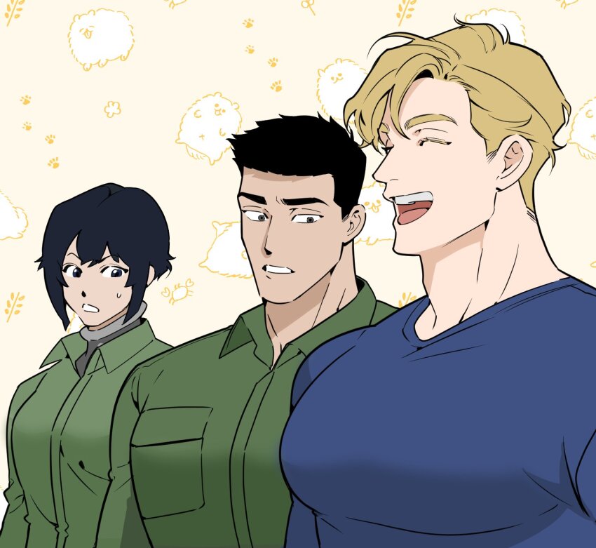 1girl 2boys ao_isami bara blue_shirt closed_eyes ekstmekajr from_side girl_staring_at_guy&#039;s_chest_(meme) green_jumpsuit hibiki_rio highres jumpsuit large_pectorals lewis_smith looking_at_pectorals male_focus meme multiple_boys muscle_envy muscular muscular_male open_mouth pectorals shirt smile upper_body yuuki_bakuhatsu_bang_bravern