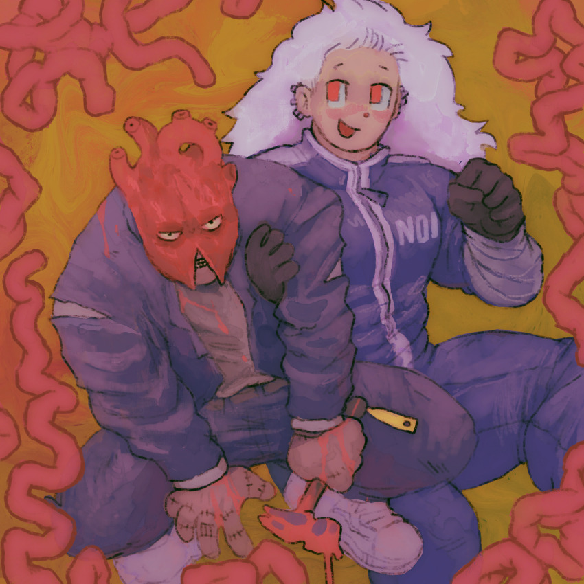 dorohedoro ear_piercing heart_(organ) highres jacket long_hair mask noi_(dorohedoro) pants piercing plastiboo red_eyes shirt smile teeth white_hair