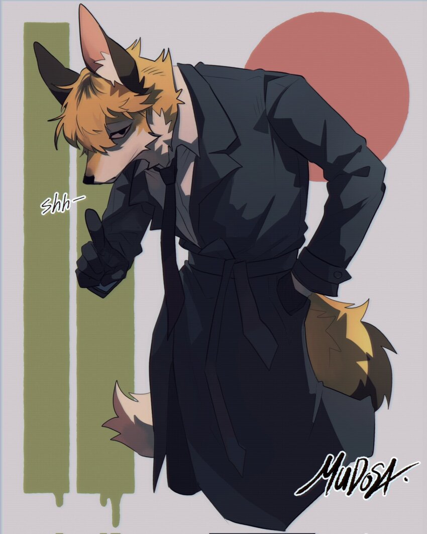 1boy animal_ear_fluff animal_ears animal_nose artist_name belt black_coat black_eyes black_necktie brown_fur coat collared_shirt cropped_legs fox_boy fox_ears fox_tail furry furry_male gloves grey_background highres long_coat male_focus mudosa multicolored_fur necktie orange_fur orange_hair original shirt solo tail white_fur white_shirt