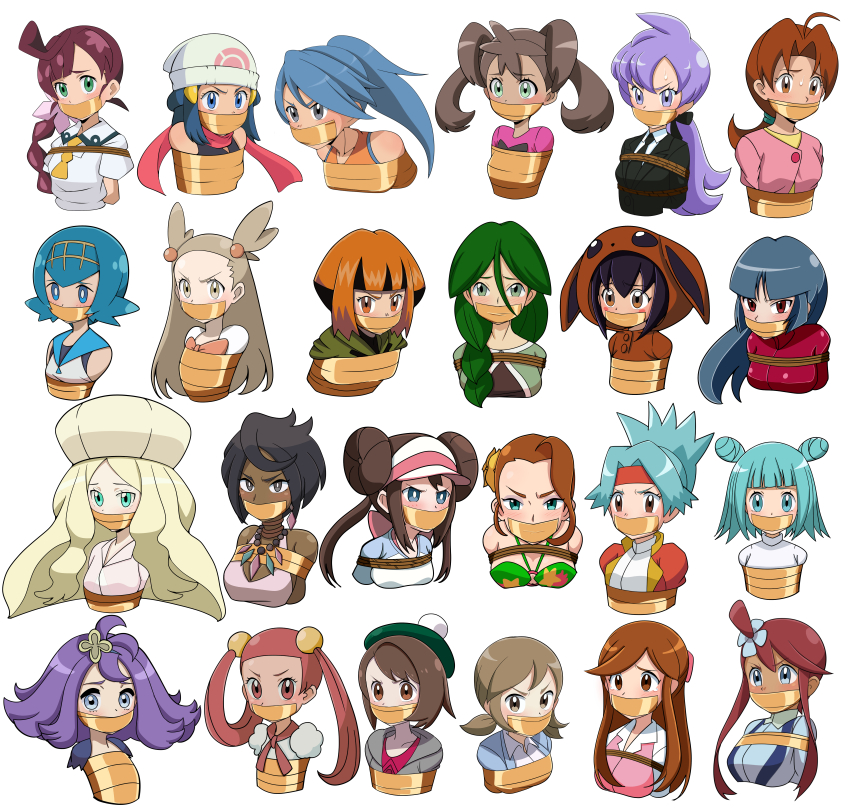 6+girls absurdres acerola_(pokemon) ahoge anabel_(pokemon) angry aqua_eyes aqua_hair arms_behind_back asymmetrical_bangs battle_girl_(pokemon) bdsm black_hair blonde_hair blue_eyes blunt_bangs bondage bound braid breasts brown_eyes brown_hair caitlin_(pokemon) cheryl_(pokemon) child chloe_(pokemon) collarbone cosplay dark-skinned_female dark_skin dawn_(pokemon) delia_ketchum donut_hair_bun double_bun earrings eevee eevee_(cosplay) everyone eyebrows eyelashes forehead gag gagged gardenia_(pokemon) gen_1_pokemon gloria_(pokemon) green_eyes green_hair hair_between_eyes hair_bun hair_ornament harusame_zensen hat headband highres hood improvised_gag jasmine_(pokemon) jewelry jovi_(pokemon) lana_(pokemon) lass_(pokemon) light_brown_hair long_hair long_sidelocks low_ponytail mature_female mira_(pokemon) multiple_girls nintendo office_worker_(pokemon) olivia_(pokemon) orange_hair poke_kid_(pokemon) pokemon pokemon_(anime) pokemon_(classic_anime) pokemon_bw pokemon_bw2 pokemon_dppt pokemon_dppt_(anime) pokemon_frlg pokemon_hgss pokemon_journeys pokemon_oras pokemon_ranger pokemon_ranger_1 pokemon_sm pokemon_swsh pokemon_xd pokemon_xy ponytail purple_eyes purple_hair raised_eyebrows red_eyes red_hair restrained rosa_(pokemon) sabrina_(pokemon) shauna_(pokemon) short_hair sidelocks single_hair_bun skyla_(pokemon) solana_(pokemon) swept_bangs swimmer_(pokemon) tape tape_bondage tape_gag tareme twintails updo v-shaped_eyebrows