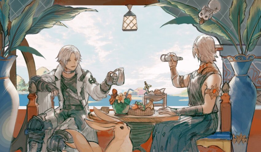 2boys arm_rest black_robe bracer carbuncle_(final_fantasy) chair choker coat cup day drinking_straw elezen elf feet_out_of_frame final_fantasy final_fantasy_xiv food fruit grey_hair highres holding holding_cup hyur lamp leaf male_focus multiple_boys neofeli nutkin on_chair open_clothes open_coat pointy_ears robe short_hair sitting table thancred_waters urianger_augurelt vase white_choker white_coat