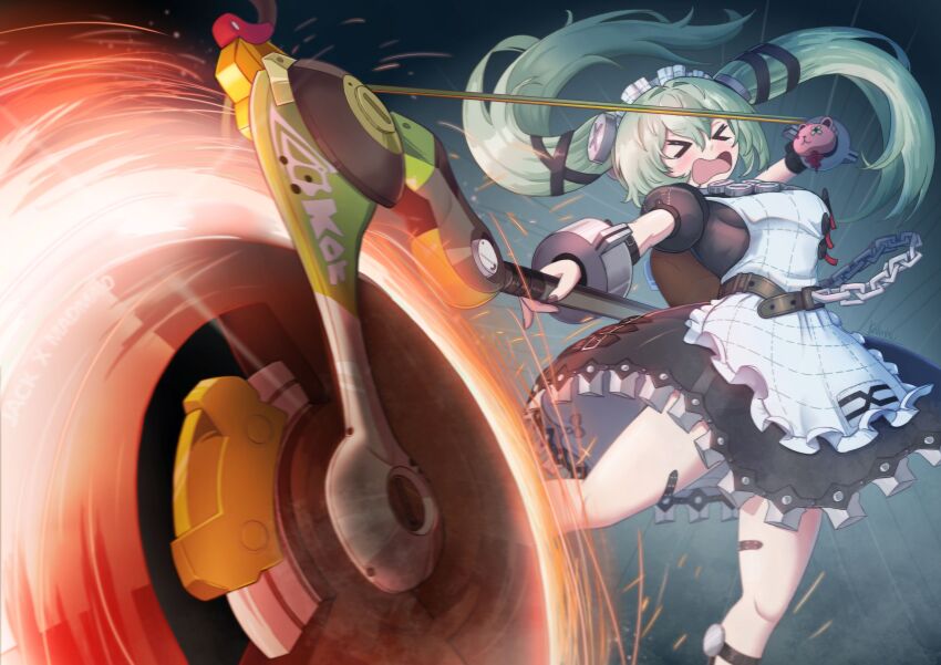 &gt;_&lt; 1girl absurdres apron bandaid bandaid_on_leg belt black_belt black_dress black_nails breasts chain charm_(object) circular_saw commentary corin_wickes cuffs dress english_commentary facing_viewer feet_out_of_frame glowing_hot green_hair hair_between_eyes highres holding holding_weapon kallentsu long_hair maid maid_apron maid_headdress open_mouth puffy_short_sleeves puffy_sleeves pulling saw screw_hair_ornament short_sleeves solo tears twintails weapon weapon_charm zenless_zone_zero