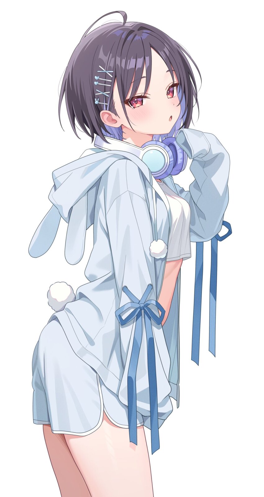 1girl :o ahoge animal_ear_hood animal_ears black_hair blue_hair blue_jacket blue_ribbon blue_shorts blush colored_inner_hair commentary_request cowboy_shot cropped_shirt dolphin_shorts fake_animal_ears fake_tail from_side gakuen_idolmaster hair_intakes hair_ornament headphones headphones_around_neck highres hood hood_down hooded_jacket idolmaster jacket kitano_yukito looking_at_viewer mashiro_yu midriff multicolored_hair open_mouth pom_pom_(clothes) rabbit_tail red_eyes ribbon shirt short_hair shorts simple_background sleeves_past_fingers sleeves_past_wrists solo tail thighs turning_head white_background white_shirt x_hair_ornament