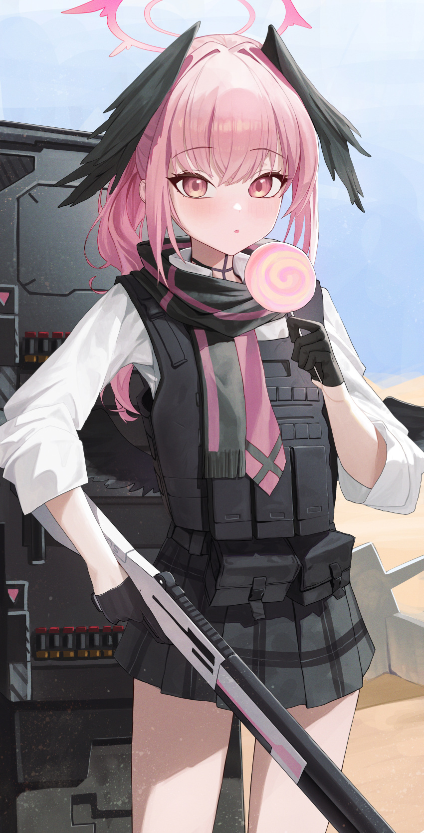 1girl absurdres alternate_costume alternate_hairstyle ballistic_shield black_gloves black_scarf black_skirt black_wings blue_archive blush bulletproof_vest candy commentary_request cowboy_shot food gloves gun half_gloves halo head_wings highres holding holding_candy holding_food holding_gun holding_lollipop holding_weapon hoshino_(armed)_(blue_archive) hoshino_(blue_archive) koharu_(blue_archive) lollipop long_hair long_sleeves looking_at_viewer pink_eyes pink_hair pink_halo pleated_skirt ponytail re_naya scarf school_uniform shield shirt shotgun skirt weapon white_shirt wings