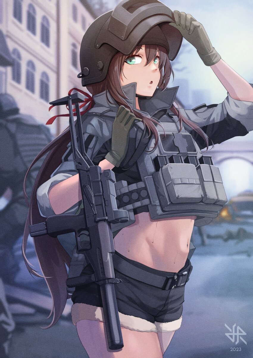 1girl 1other altyn_helmet ammunition_pouch aqua_eyes artist_logo brown_hair building bulletproof_vest collared_jacket combat_helmet crop_top gloves gun hair_ribbon helmet highres hiroki_ree jacket logo looking_at_viewer magazine_(weapon) midriff open_mouth original popped_collar pouch ribbon short_shorts shorts sr-2_veresk submachine_gun sweat termichan_(not-a-bot) thighs toned weapon