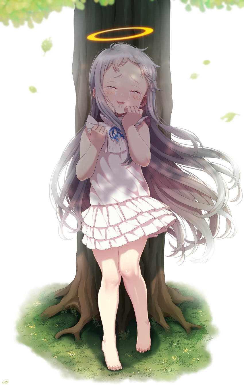 1girl absurdres against_tree ano_hi_mita_hana_no_namae_wo_bokutachi_wa_mada_shiranai. bare_legs barefoot blue_ribbon born-to-die crying_with_eyes_closed dress facing_viewer feet female_focus full_body grass grey_hair halo highres honma_meiko leaf long_hair neck_ribbon outdoors ribbon sleeveless sleeveless_dress smile solo standing tears thighs toes tree very_long_hair white_dress