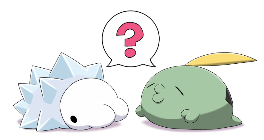 ? black_eyes closed_eyes commentary_request gen_3_pokemon gen_8_pokemon gulpin highres mafuyu_tora nintendo no_humans o3o pokemon pokemon_(creature) shared_speech_bubble snom solid_circle_eyes speech_bubble spoken_question_mark white_background