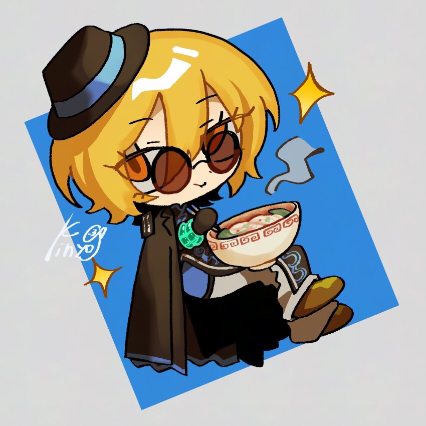 11230kingyo 1girl black_coat black_dress blonde_hair bowl chibi chopsticks coat coat_on_shoulders don_quixote_(project_moon) dress earrings cinq_east_(identity)_(project_moon) food full_body highres holding holding_bowl jade_bracelet jewelry limbus_company noodles ofuda_earrings orange_eyes pants project_moon ramen round_eyewear short_hair solo sunglasses white_pants