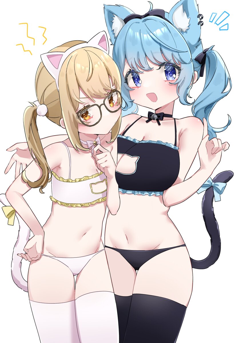 2girls absurdres ahoge animal_ear_fluff animal_ear_piercing animal_ears black-framed_eyewear black_panties black_thighhighs blonde_hair blue_eyes blue_hair blush breast_envy breasts cat_cutout cat_ears cat_lingerie cat_tail cleavage cleavage_cutout closed_mouth clothing_cutout commentary cowboy_shot dog_ears dog_girl fake_animal_ears flat_chest frown glasses highres inaba_haneru_(animare) kemonomimi_mode large_breasts long_hair looking_at_viewer meme_attire multiple_girls nanashi_inc. navel notice_lines open_mouth panties simple_background souya_ichika tail tamotsu_(mary) thighhighs twintails underwear underwear_only virtual_youtuber white_background white_panties white_thighhighs