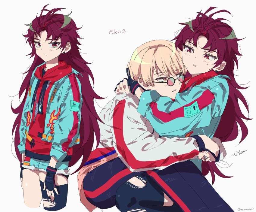 1boy 1girl alternate_hair_length alternate_hairstyle black_pants black_shirt black_thighhighs blonde_hair blue_jacket blue_shorts genderswap genderswap_(mtf) highres hood hood_down hoodie hug jacket long_hair nownnownn orange_eyes pants paradox_live red_eyes red_hair red_hoodie shirt short_hair shorts sugasano_allen thighhighs torn_clothes torn_thighhighs white_jacket yeon_hajun