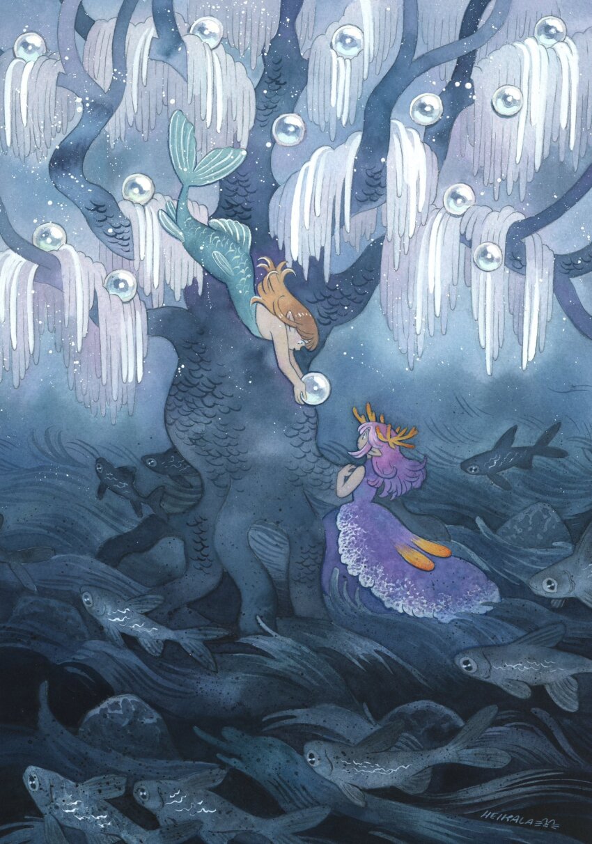 2girls animal black_eyes blue_background blue_scales blue_theme colored_tips commentary dress fantasy finnish_commentary fins fish gem googly_eyes gown green_scales green_tail hair_ornament heikala highres holding_pearl kneeless_mermaid layered_skirt light_brown_hair long_dress long_hair mermaid mini_person minigirl monster_girl multicolored_hair multiple_girls nude original outdoors painting_(medium) pearl_(gemstone) pink_hair pointy_ears purple_dress purple_hair scenery school_of_fish skirt sleeveless sleeveless_dress standing swimming traditional_media tree underwater upside-down water watercolor_(medium)
