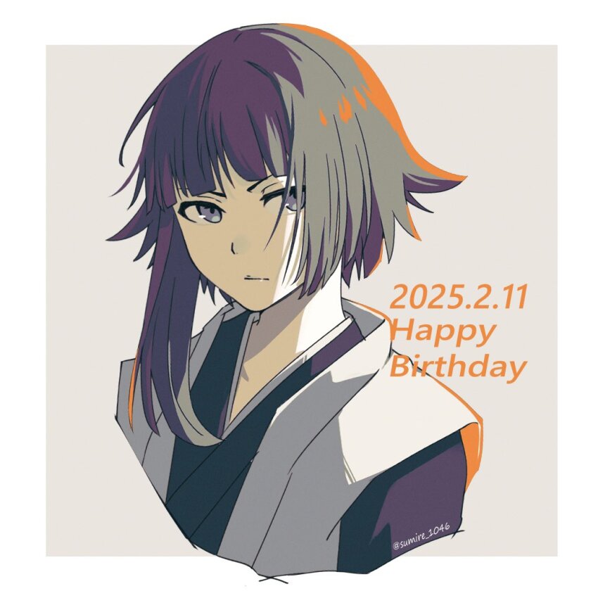 1girl 2025 black_hair bleach blunt_bangs closed_mouth commentary cropped_torso dated_commentary eyebrows_hidden_by_hair flipped_hair grey_background grey_eyes haori happy_birthday japanese_clothes looking_at_viewer short_hair sidelighting simple_background solo sui-feng sumire_1046 taichou_haori twitter_username upper_body v-shaped_eyebrows