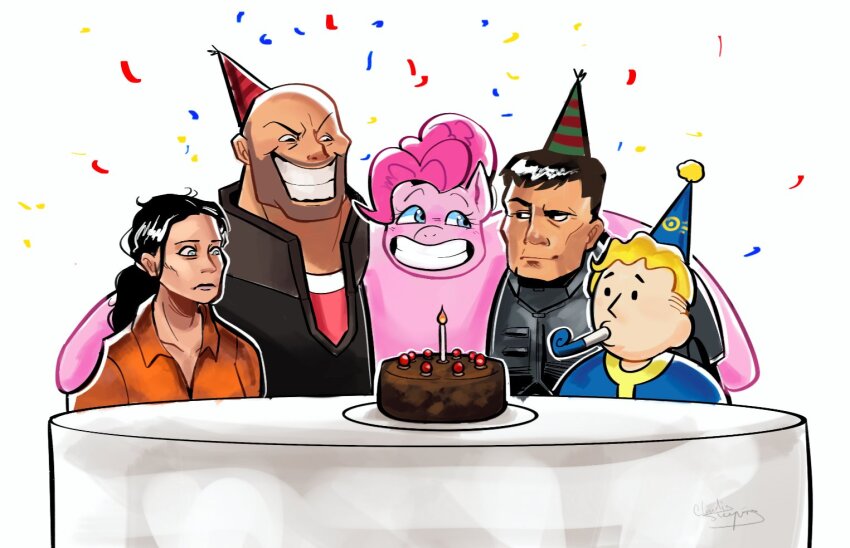 2girls 3boys artist_name bald beard_stubble black_forest_cake black_hair black_vest blonde_hair blue_eyes blue_shirt cake candle character_request chell closed_mouth cloudissleeping commentary confetti dessert doom_(series) doom_ii doomguy english_commentary facial_hair fallout food grin hat heavy_(tf2) jumpsuit looking_at_another multiple_boys multiple_girls my_little_pony orange_jumpsuit party_hat party_popper pink_hair pinkie_pie portal_(series) portal_1 red_shirt shirt signature simple_background smile stubble table team_fortress_2 teeth upper_body vault_boy vest white_background