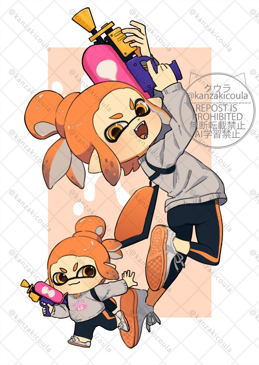 &gt;:) 1girl :3 :d arms_up chibi chibi_inset colored_tongue commentary_request commission coula_cat fangs from_behind grey_sweater gun hair_bun highres holding holding_gun holding_weapon ink_tank_(splatoon) inkling_girl inkling_player_character jumping leggings long_sleeves looking_at_viewer looking_to_the_side nintendo open_mouth orange_eyes orange_hair print_sweater running shoes short_hair shoulder_strap sidelocks single_vertical_stripe skeb_commission smile sneakers splatoon_(series) splattershot_(splatoon) sweater tentacle_hair v-shaped_eyebrows watermark watermark_grid weapon white_shoes
