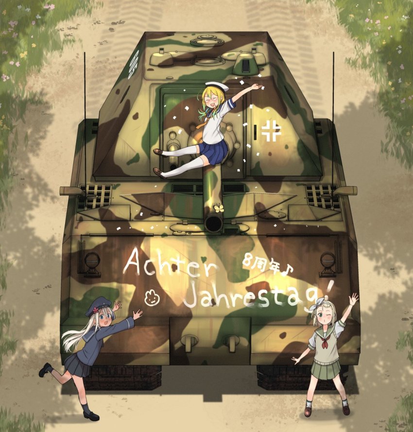 3girls :d annin_musou anniversary bad_id bad_twitter_id black_headwear black_legwear black_skirt blonde_hair blue_eyes blue_sailor_collar blue_skirt blush closed_eyes glasses green_eyes green_sailor_collar green_skirt hair_between_eyes hat highres i-504_(kancolle) i-8_(kancolle) kantai_collection long_hair luigi_torelli_(kancolle) maus_(tank) military military_vehicle motor_vehicle multiple_girls neckerchief one_eye_closed open_mouth orange_neckerchief maus_(tank) pleated_skirt red-framed_eyewear red_neckerchief ro-500_(kancolle) sailor_collar sailor_hat school_uniform serafuku shadow short_hair short_sleeves skirt smile socks tank thighhighs white_headwear white_legwear