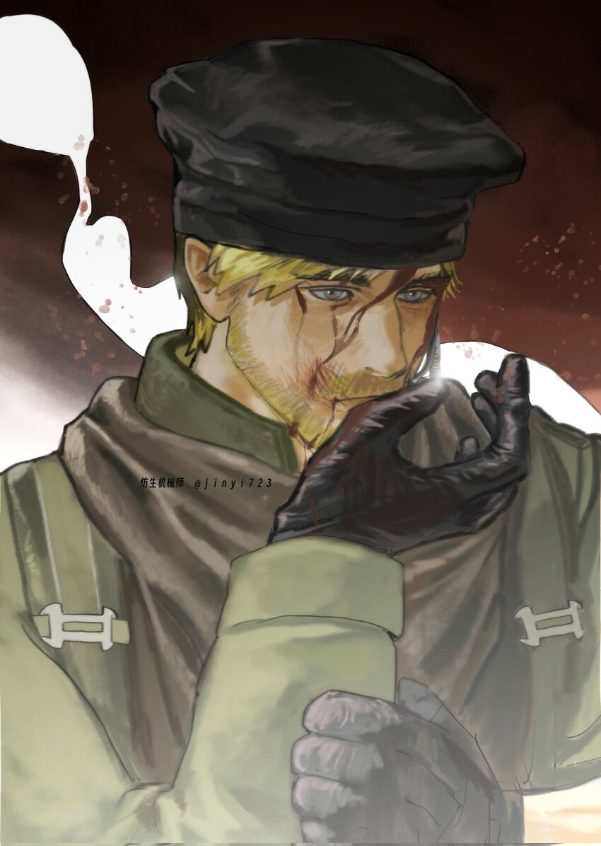 1boy arm_up beard belt_buckle black_gloves black_hat blonde_hair blood blood_on_face blue_eyes buck_(rainbow_six_siege) buckle closed_mouth facial_hair fangsheng_jixieshi gloves green_jacket hat highres jacket long_sleeves looking_down male_focus rainbow_six_siege sleeve_cuffs solo twitter_username wiping_face wiping_mouth