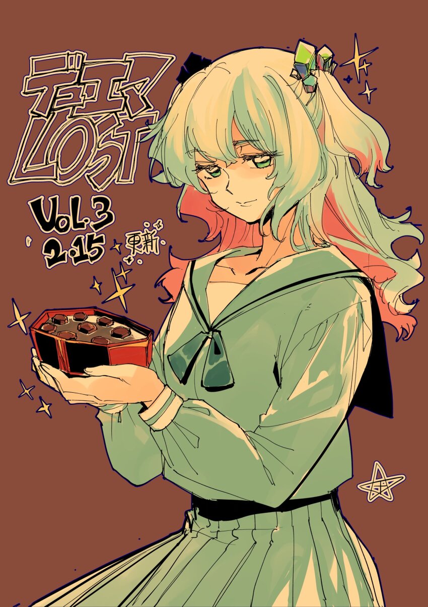 1girl aqua_collar aqua_eyes aqua_gemstone aqua_hair aqua_ribbon aqua_sailor_collar aqua_skirt blue_hair bow bowtie box box_of_chocolates brown_background chocolate closed_mouth colored_inner_hair copyright_name crysta_(duel_masters) duel_masters duel_masters_lost food gem hair_ornament highres holding holding_box holding_chocolate holding_food kushabiria multicolored_hair official_art pink_hair ribbon sailor_collar school_uniform shirt simple_background skirt solo sparkle translation_request two-tone_hair white_shirt