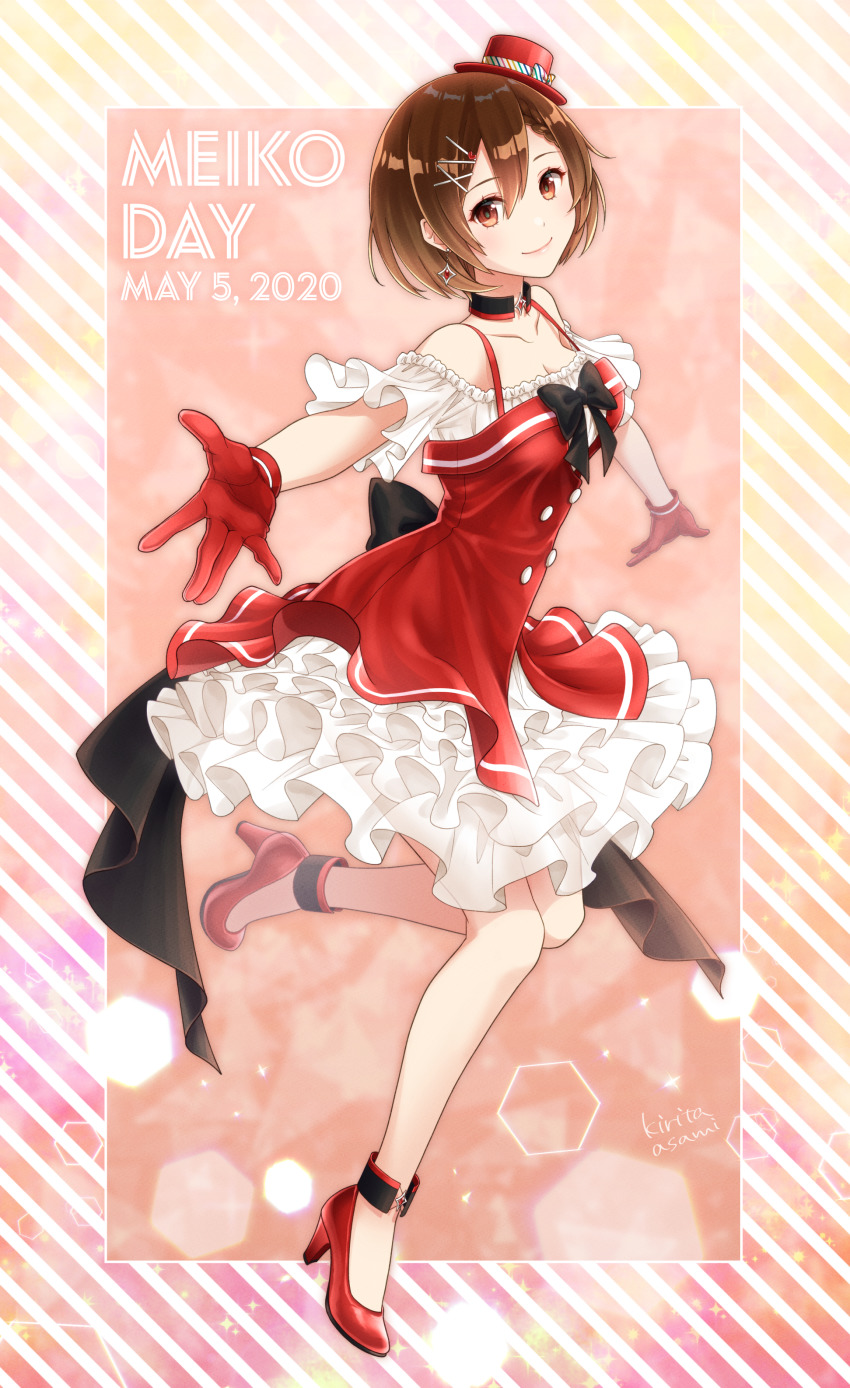 1girl absurdres anklet bow brown_eyes brown_hair character_name collar collarbone commentary date_pun dated dress female_focus frilled_dress frills from_side full_body gloves hair_ornament hairclip hat hat_bow high_heels highres jewelry kirita_asami layered_dress lens_flare looking_at_viewer meiko_(vocaloid) mini_hat number_pun outstretched_arms red_dress red_footwear red_gloves red_hat smile solo sparkle vocaloid