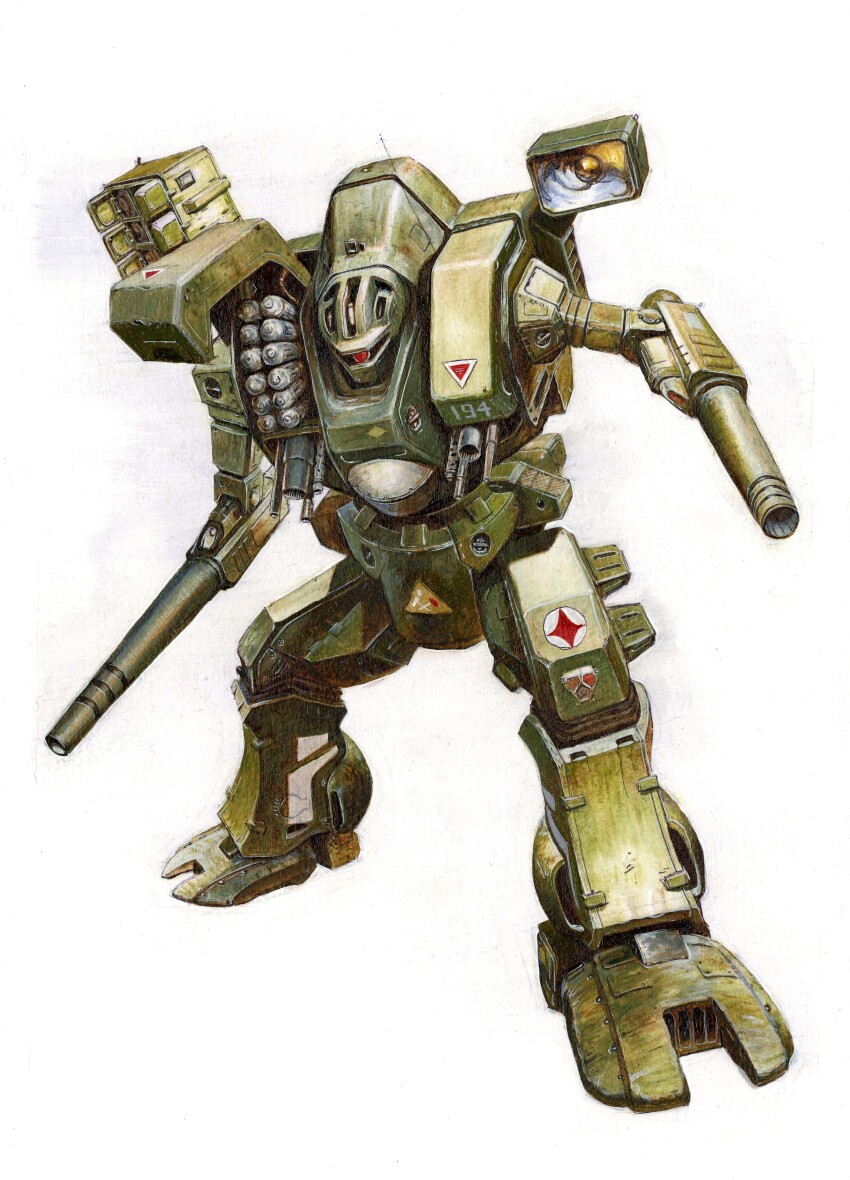 absurdres arm_cannon cannon choujikuu_yousai_macross commentary damaged derivative_work destroid dirty energy_cannon english_commentary gun highres light machine_gun macross mecha mecha_focus missile missile_pod one-eyed open_hatch realistic robot roundel science_fiction simple_background solo takani_yoshiyuki_(style) thomas-elliott-art tomahawk_(destroid) u.n._spacy weapon white_background