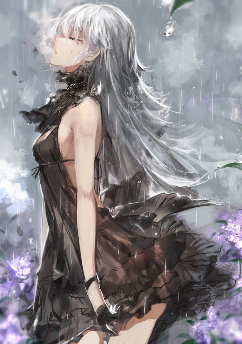 1girl absurdres backless_outfit bad_anatomy bad_leg breasts closed_eyes dress female_focus fog gloves highres long_hair original rain saberiii sideboob small_breasts solo white_hair
