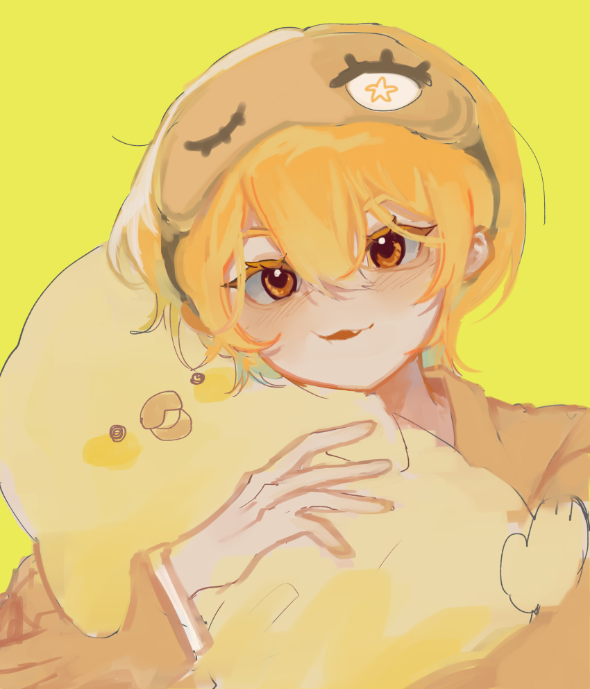 1girl absurdres blonde_hair blush brown_pajamas don_quixote_(project_moon) highres limbus_company long_sleeves looking_at_viewer mesoold pajamas parted_lips project_moon short_hair simple_background sleep_mask smile solo stuffed_chicken yellow_background yellow_eyes yellow_theme