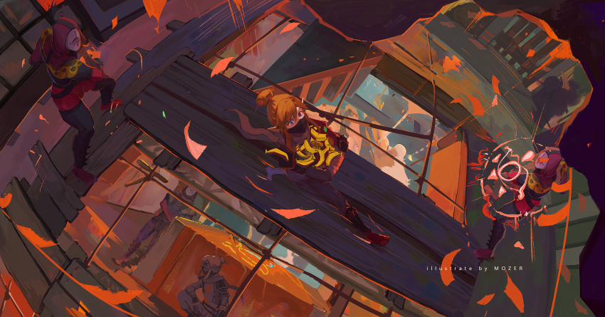4boys absurdres banana bodysuit food from_above fruit hair_ornament hair_stick highres light_brown_hair link mask mouth_mask mozer_(zerlinda) multiple_boys ninja_mask nintendo red_bodysuit stealth_set_(zelda) the_legend_of_zelda the_legend_of_zelda:_breath_of_the_wild yiga_clan yiga_clan_footsoldier