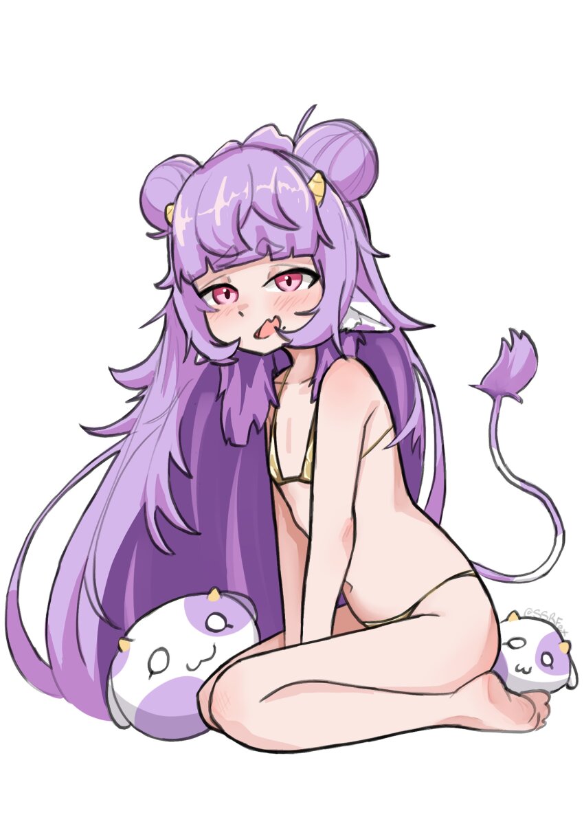 1girl animal_ears artist_name bare_shoulders bikini blush cow_ears cow_tail double_bun fang feet flat_chest from_side hair_bun horns looking_at_viewer mini_moo muu_muyu navel open_mouth phase_connect pink_eyes purple_hair seiza sitting skin_fang soles ssrfex swimsuit tail virtual_youtuber white_background