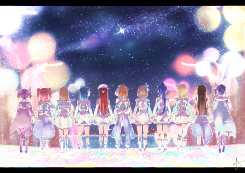 absurdres ahoge awaken_the_power bare_shoulders black_hair blonde_hair blue_hair boots bow brown_hair cape city cityscape detached_sleeves dress everyone from_behind fur_trim grey_hair hair_ornament high_heels highres holding holding_hands kazuno_leah kazuno_sarah kunikida_hanamaru kurosawa_dia kurosawa_ruby legs long_hair love_live! love_live!_sunshine!! matsuura_kanan multiple_girls ocean ohara_mari orange_hair ponytail purple_hair red_hair ribbon saint_snow sakurauchi_riko see-through_clothes short_hair short_twintails side_ponytail skirt sky star_(sky) starry_sky takami_chika thighhighs thighs tree tsushima_yoshiko twintails watanabe_you water white_thighhighs wrist_cuffs yaa-kun