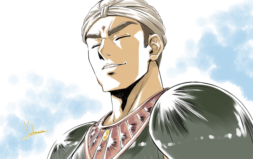 1boy absurdres armor artist_name bindi black_armor breastplate brown_hair closed_eyes commentary dappa-oh_kuuya highres male_focus portrait short_hair shoulder_armor signature smile solo tenkuu_senki_shurato turban yoshinaga_masahiro