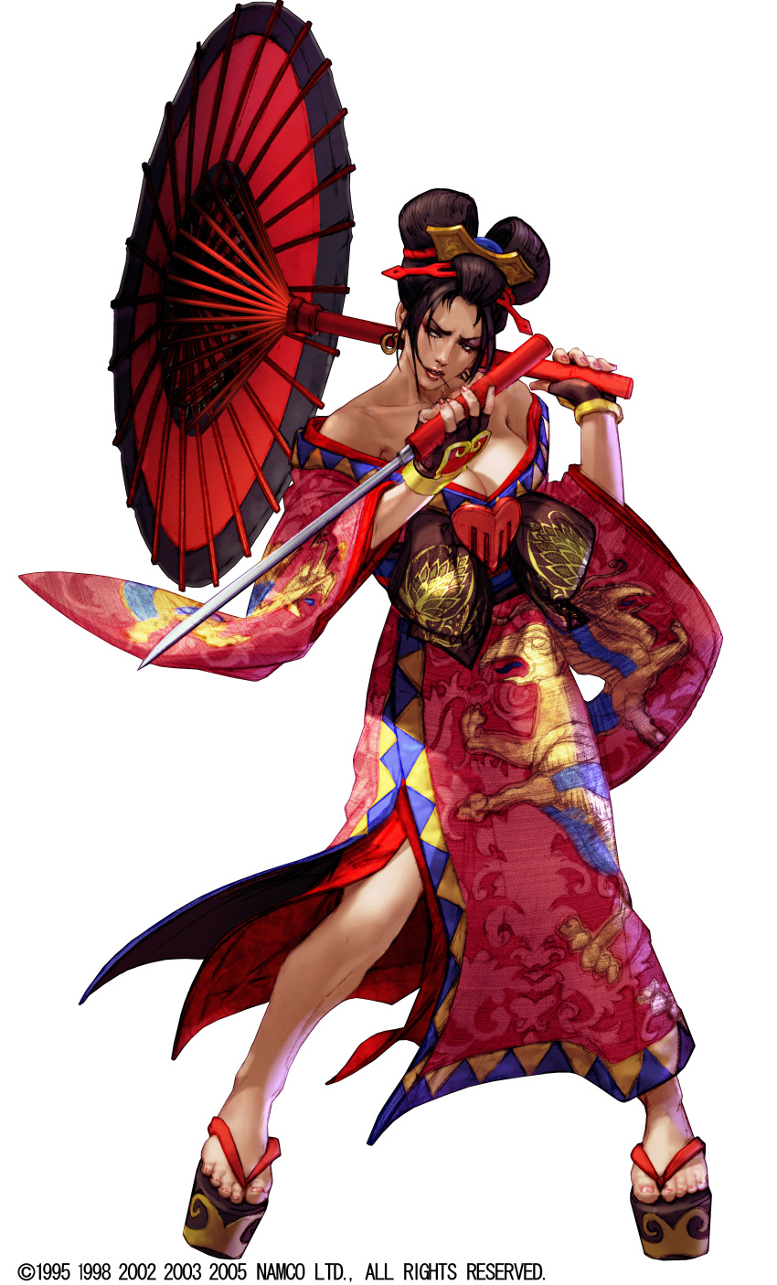 00s 1990s_(style) 1995 1998 1girl 2002 2003 2005 absurdres bare_shoulders breasts cleavage concealed_weapon earrings female_focus fingerless_gloves gloves hair_up highres hoop_earrings japanese_clothes jewelry kawano_takuji kimono large_breasts official_art oil-paper_umbrella okobo platform_sandals retro_artstyle sandals setsuka side_slit solo soul_calibur soulcalibur soulcalibur_iii sword umbrella weapon