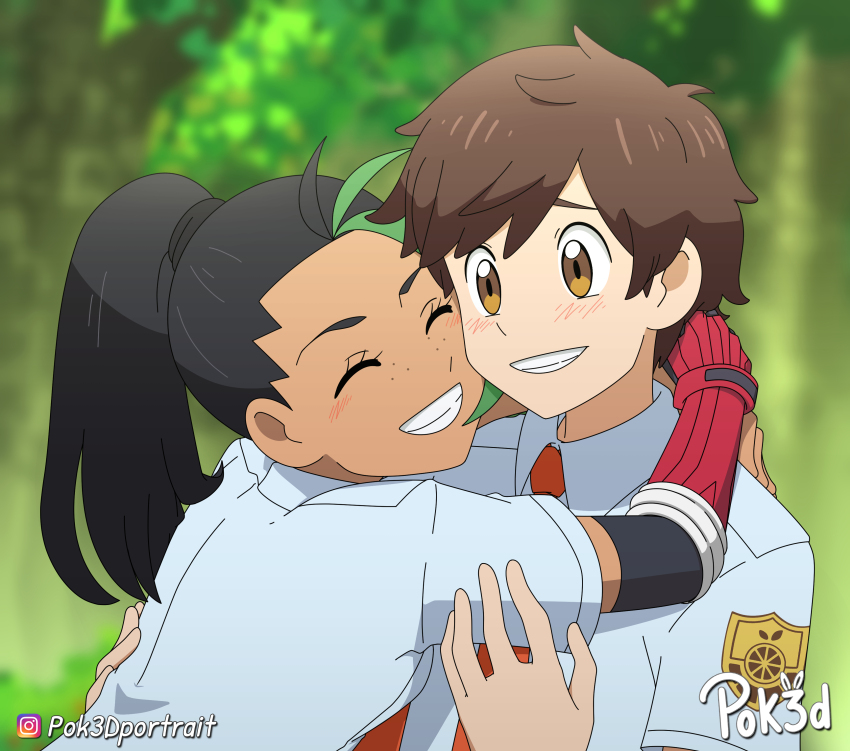 1boy 1girl absurdres ahoge alternate_hairstyle black_hair blush brown_hair commission dark_skin florian_(pokemon) hand_on_another&#039;s_arm hetero highres hug instagram_logo instagram_username mixed-language_commentary nemona_(pokemon) nintendo pok3d pokemon pokemon_sv ponytail school_uniform second-party_source smile yellow_eyes