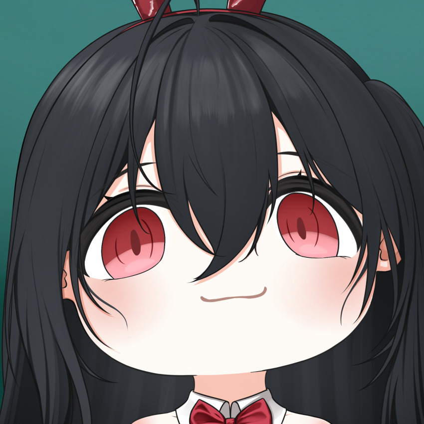 1girl :3 animal_ears azur_lane bow bowtie chibi closed_mouth fake_animal_ears green_background highres leotard long_hair looking_at_viewer meme mutsuki_face_(blue_archive) official_alternate_costume playboy_bunny portrait quancy_(sduk8432) simple_background smile solo taihou_(azur_lane) taihou_(fun_on_the_baize)_(azur_lane)